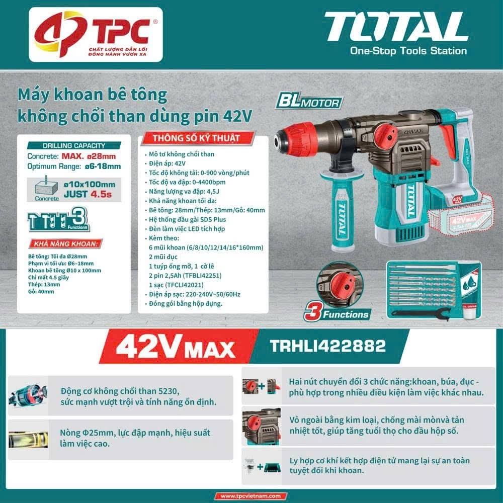 Máy khoan bê tông không chổi than dùng pin 42V