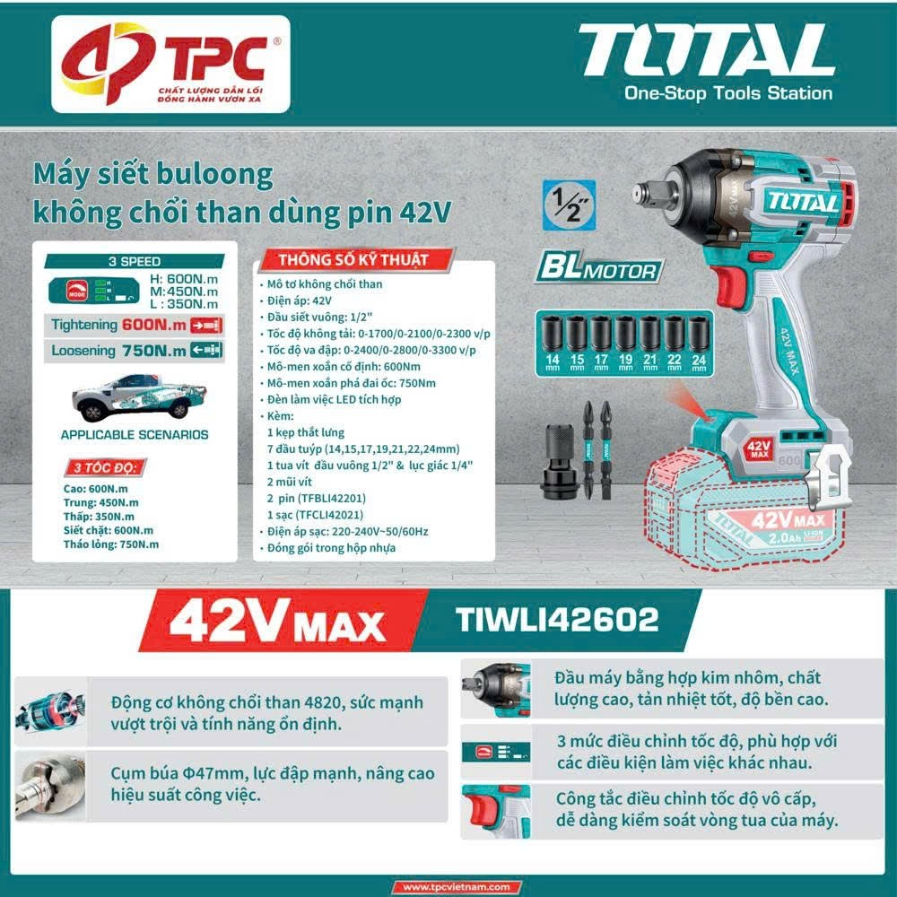 Máy siết buloong không chổi than dùng pin 42V