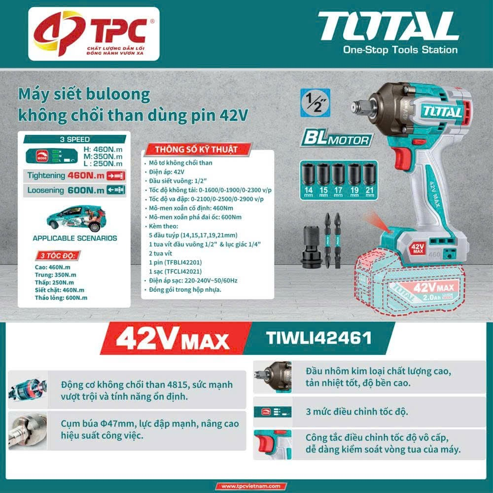 Máy siết buloong không chổi than dùng pin 42V